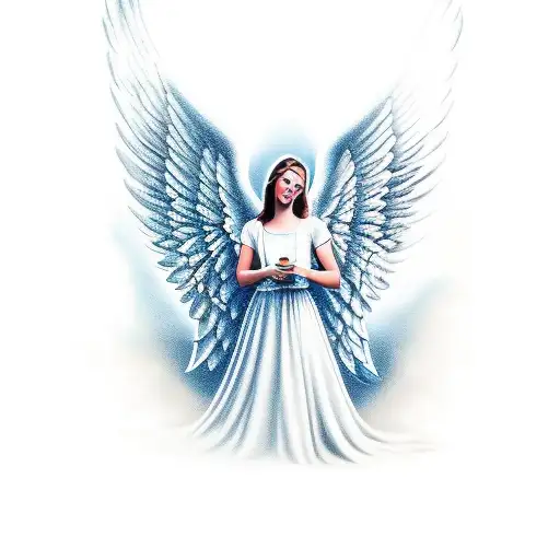 angel holding a scroll with the name Emily and the date 30.08.2015 tattoo design idea