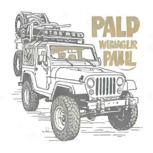 Stencil Jeep Wrangler YJ with a license plate that reads 'PAUL' tattoo design idea