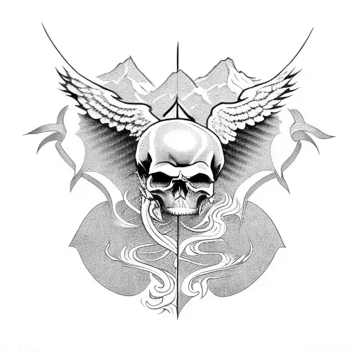 Morrison family crest with mountains, skulls, waves and fire tattoo design idea