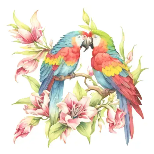 parrots with lilies tulips and sunflowers tattoo design idea
