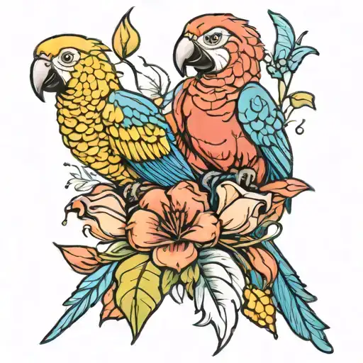 parrots with lilies tulips and sunflowers tattoo design idea