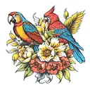parrots with lilies tulips and sunflowers tattoo design idea