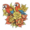 parrots with lilies tulips and sunflowers tattoo design idea