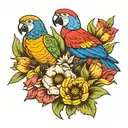 parrots with lilies tulips and sunflowers tattoo design idea