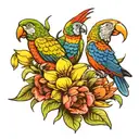 parrots with lilies tulips and sunflowers tattoo design idea