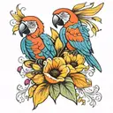 parrots with lilies tulips and sunflowers tattoo design idea