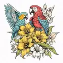 parrots with lilies tulips and sunflowers tattoo design idea