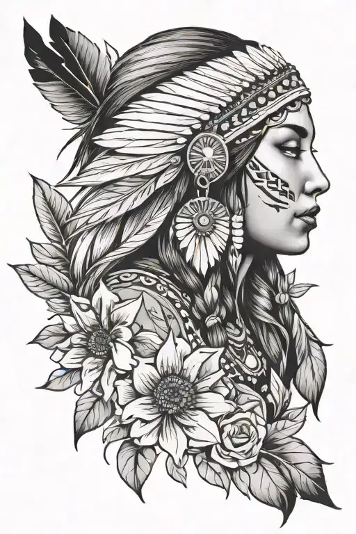 female native American traditional floral lady tattoo design idea