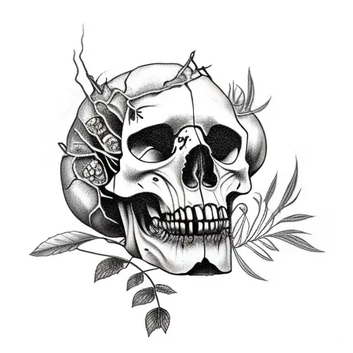 broken skull with plants growing from the inside tattoo design idea