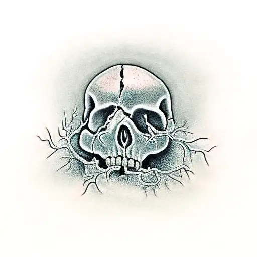 broken skull with ivy growing from the inside tattoo design idea