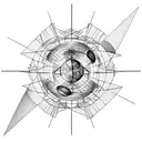 The image sits inside an armillary sphere. outside of the sphere wave patterns engulf music notes tattoo design idea