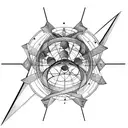 The image sits inside an armillary sphere. outside of the sphere wave patterns engulf music notes tattoo design idea