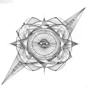 The image sits inside an armillary sphere. outside of the sphere wave patterns engulf music notes tattoo design idea