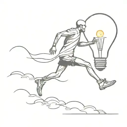 there's man running without a head, above him there are many clouds with a light bulb in the middle  tattoo design idea