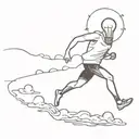 there's man running without a head, above him there are many clouds with a light bulb in the middle  tattoo design idea