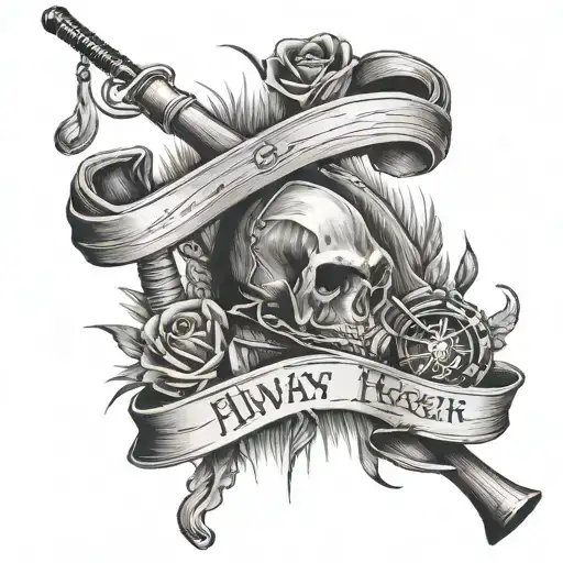 Fishing rods with axe crossed "Always in my heart and never forgotten" tattoo design idea