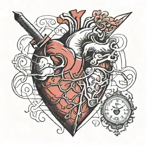 a anatomically correct heart olwith a knife in it on one half,the other half a cage in the shape of a heart tattoo design idea