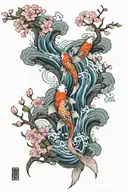 Koi fish going up a waterfall surrounded by cherry blossoms tattoo design idea