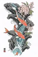Koi fish going up a waterfall surrounded by cherry blossoms tattoo design idea