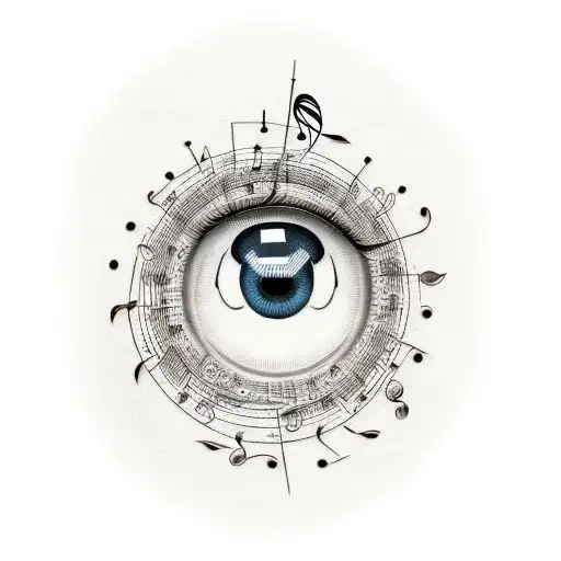 A minimalist tattoo of a music sheet with eyes instead of musical notes, representing the client's fascination with both music and eyes. tattoo design idea