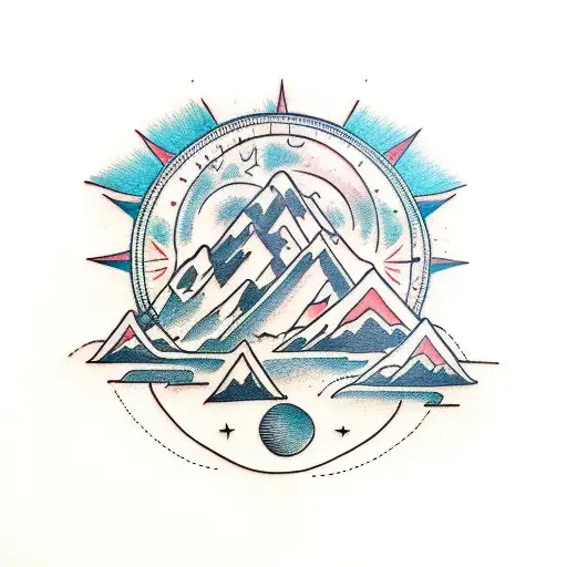 mountains with compass sun and moon tattoo design idea