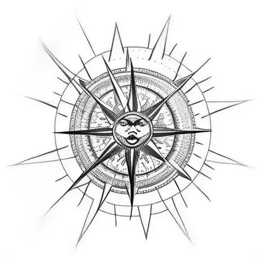 mountains with compass sun and moon tattoo design idea