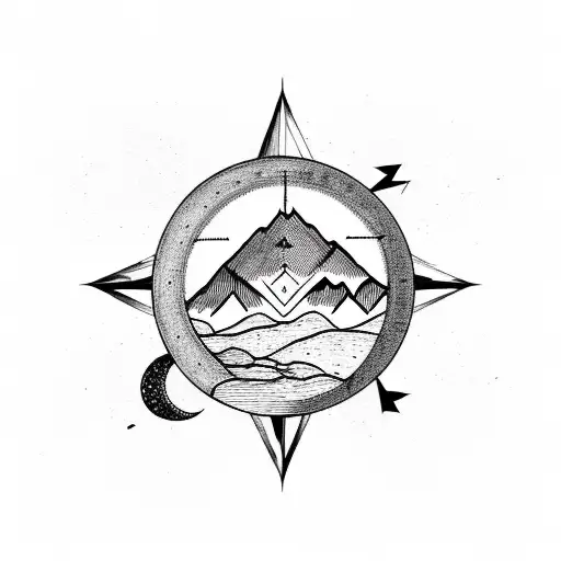 mountains with compass sun and moon tattoo design idea