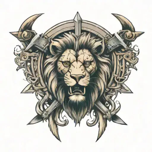 Archway with lion's head and swords crossing tattoo design idea