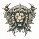 Archway with lion's head and swords crossing tattoo design idea