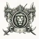 Archway with lion's head and swords crossing tattoo design idea