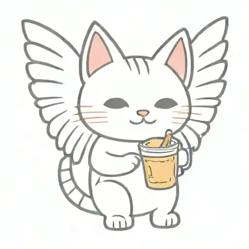 cute but cool cat with wings holding a boba drink tattoo design idea