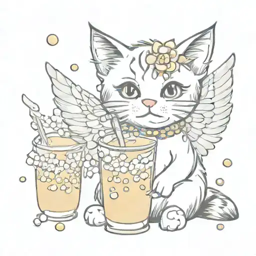 cute cat with cute eyes with cool wings holding a bobs drink with visible boba pearls  tattoo design idea