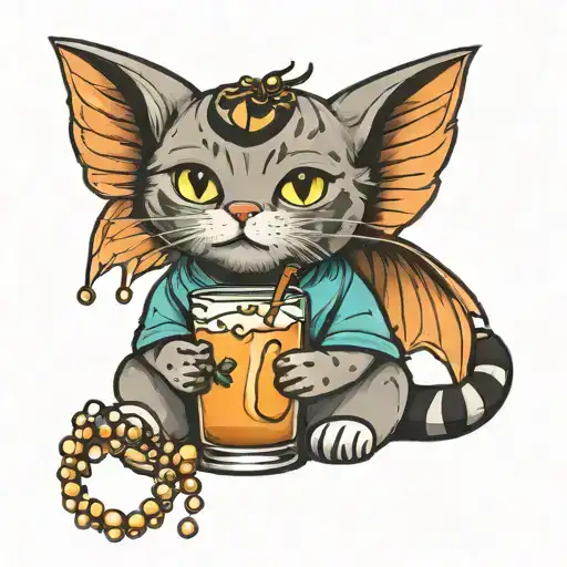 cute cat with cute eyes with cool wings holding a bobs drink with visible boba pearls  tattoo design idea