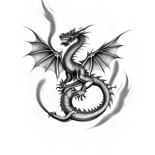 Dragon with smoke coming around it. around the dragon there is a quote saying "Only Fear God" tattoo design idea