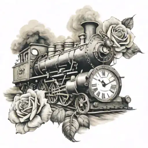 dad rose with steam train and time piece tattoo design idea