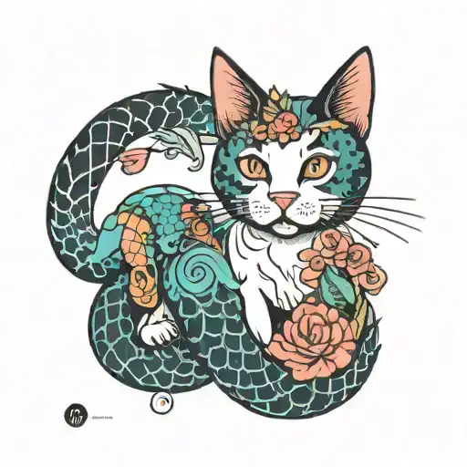cat with mermaid tail  tattoo design idea