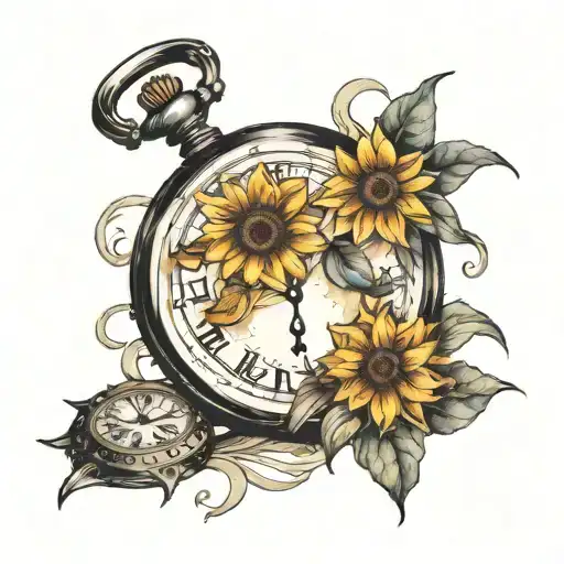 sunflowers , lillies , old broken pocket watch  tattoo design idea