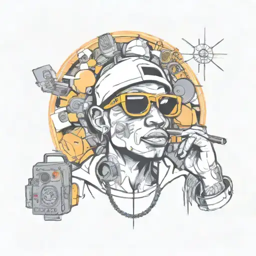 A new-school design of a creative thinker with a computer chip brain, surrounded by elements of rap music and streetwear fashion tattoo design idea