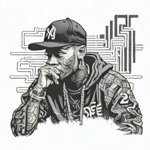 A realistic portrait of a famous rapper wearing streetwear fashion, with computer code subtly incorporated into the background tattoo design idea