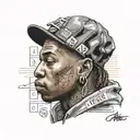 A realistic portrait of a famous rapper wearing streetwear fashion, with computer code subtly incorporated into the background tattoo design idea