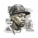 A realistic portrait of a famous rapper wearing streetwear fashion, with computer code subtly incorporated into the background tattoo design idea