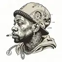 A realistic portrait of a famous rapper wearing streetwear fashion, with computer code subtly incorporated into the background tattoo design idea