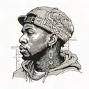 A realistic portrait of a famous rapper wearing streetwear fashion, with computer code subtly incorporated into the background tattoo design idea