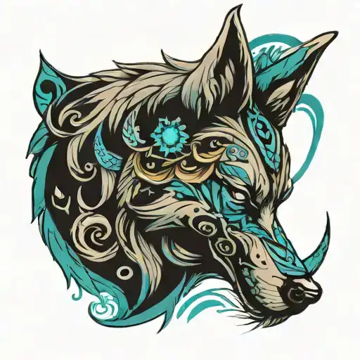 wolf head and crescent on the back, turquoise motifs on the edges tattoo design idea
