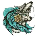 wolf head and crescent on the back, turquoise motifs on the edges tattoo design idea
