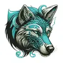 wolf head and crescent on the back, turquoise motifs on the edges tattoo design idea