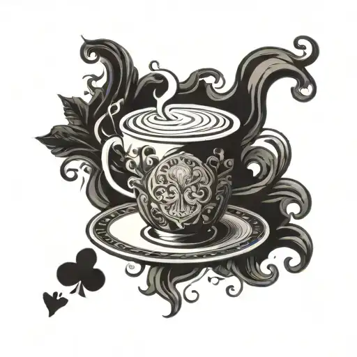 A whimsical design of a coffee cup with smoke rising from it, surrounded by playing cards and a deck of cards in the background tattoo design idea