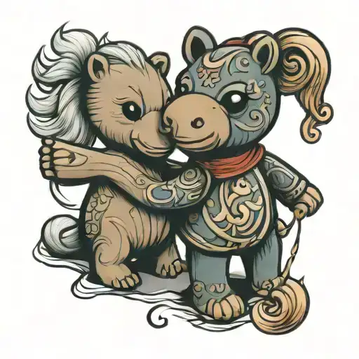 teddy bear and horse holding hands tattoo design idea