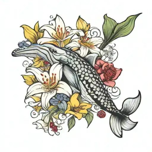 Lily flowers, freesia flowers, raspberries, facial contours from Picasso's painting "Le Reve", hidden humpback whale tattoo design idea