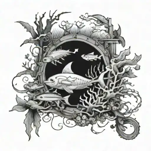 A detailed underwater scene with marine life and a hidden military symbol incorporated tattoo design idea